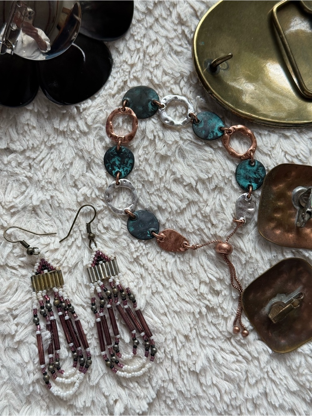 Vintage jewelry bundle, 4 bracelets, 2 pins, 3pr earrings, 2 belt buckles. - Picture 9 of 16